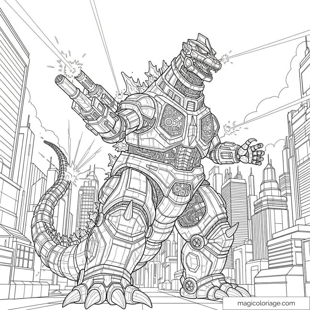 Mechagodzilla en ville avec gratte-ciels en arrière-plan