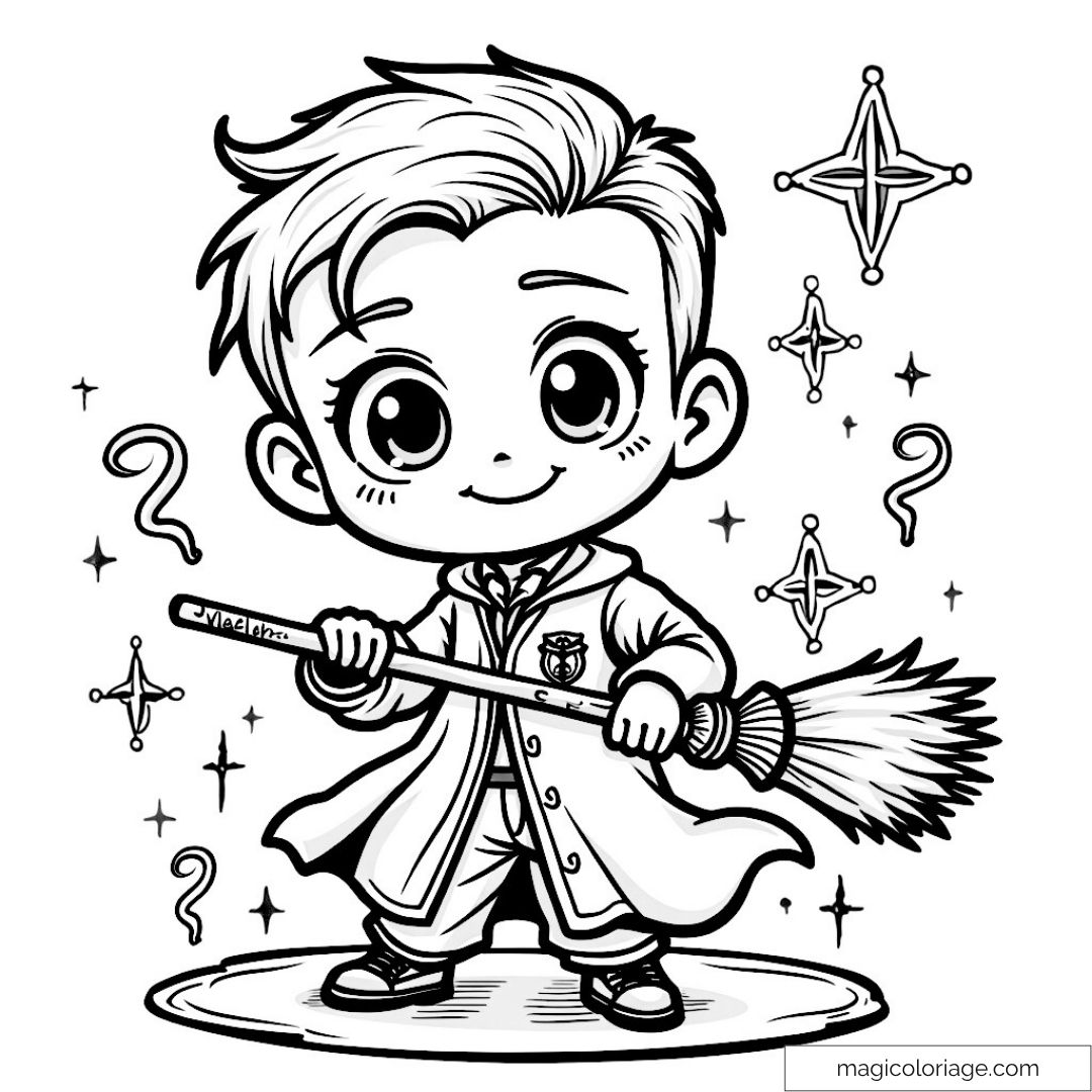 Dessin de Harry Potter chibi tenant un balai magique avec étoiles