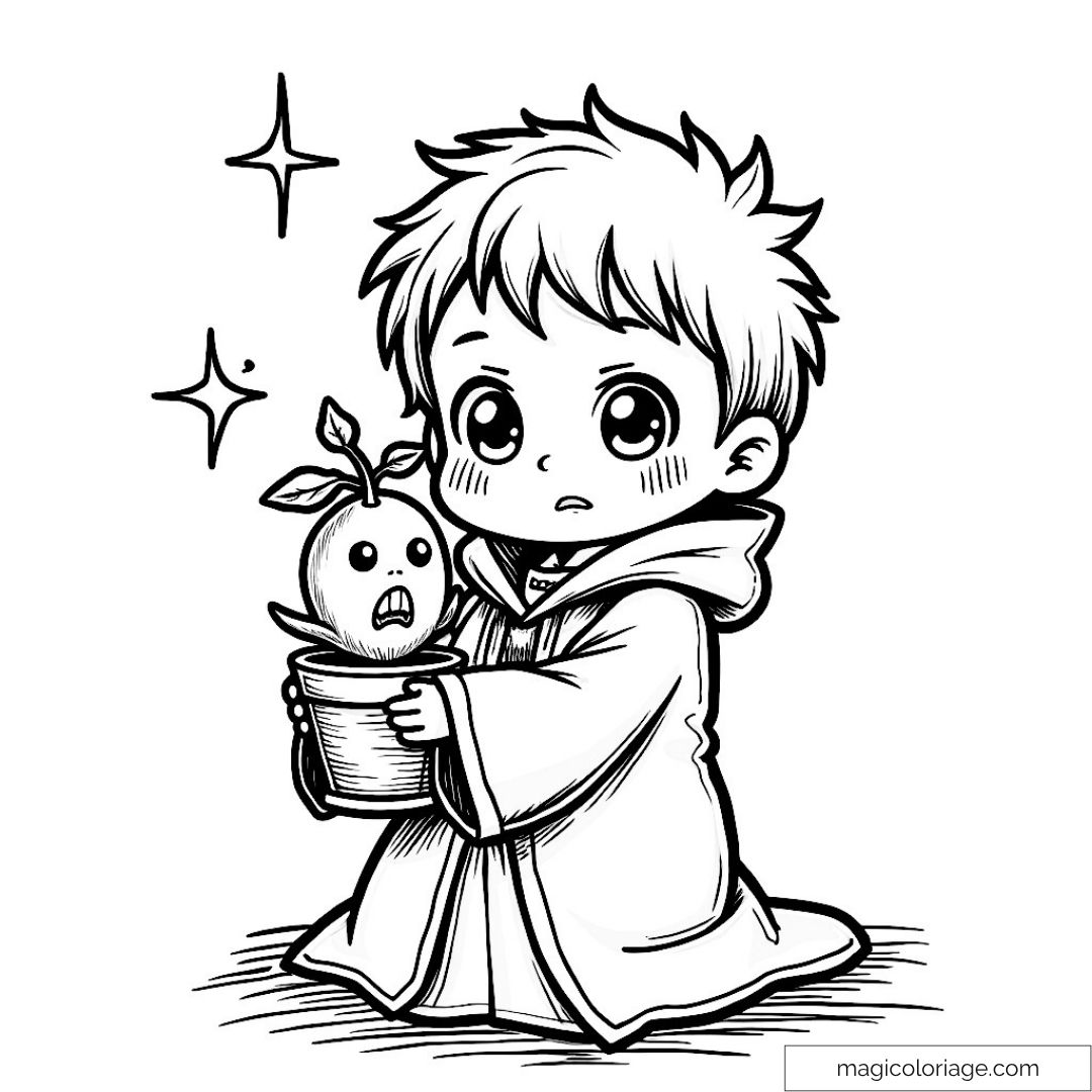 Dessin de Harry Potter chibi tenant une mandragore magique.