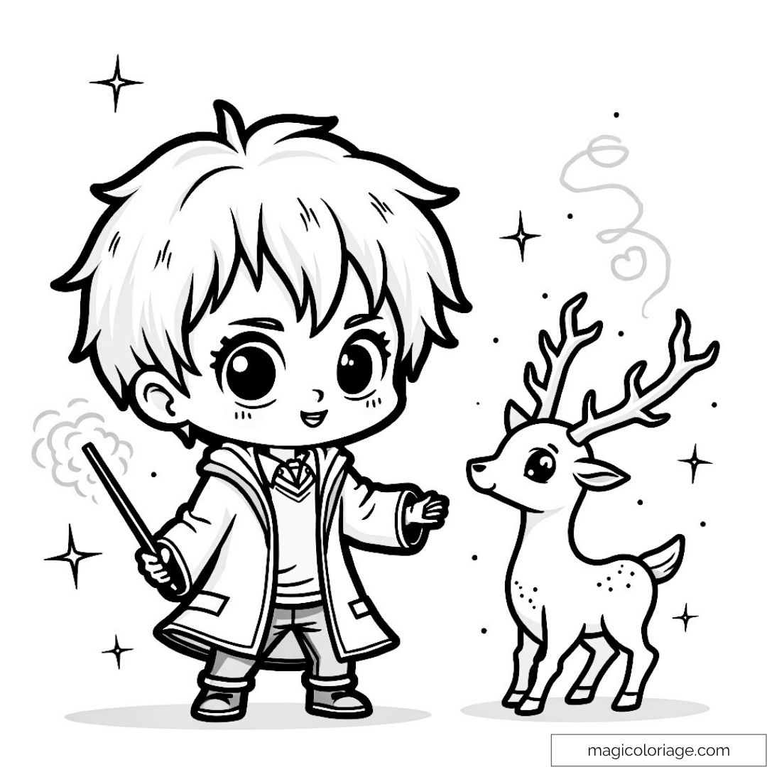 Coloriage Harry Potter enfant avec baguette et Patronus mignon
