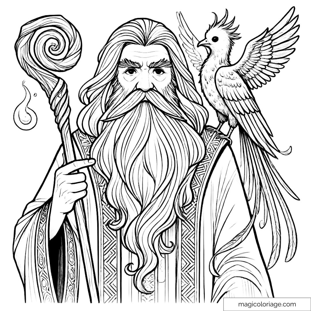 Dessin à colorier d'Albus Dumbledore avec sa longue barbe, tenant son bâton magique, accompagné de Fumseck, son phénix majestueux.