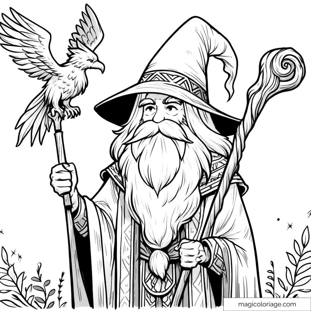Dessin à colorier d'Albus Dumbledore tenant son bâton magique, avec son phénix Fumseck perché sur son bras, prêt à révéler ses pouvoirs.