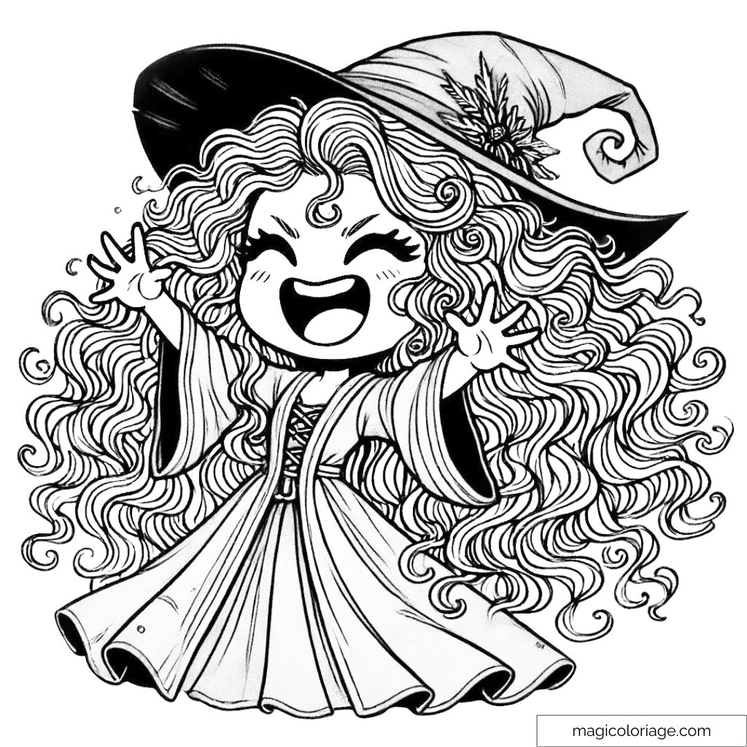 Dessin à colorier de Bellatrix Lestrange, éclatant de rire avec ses cheveux bouclés et un grand chapeau de sorcière.