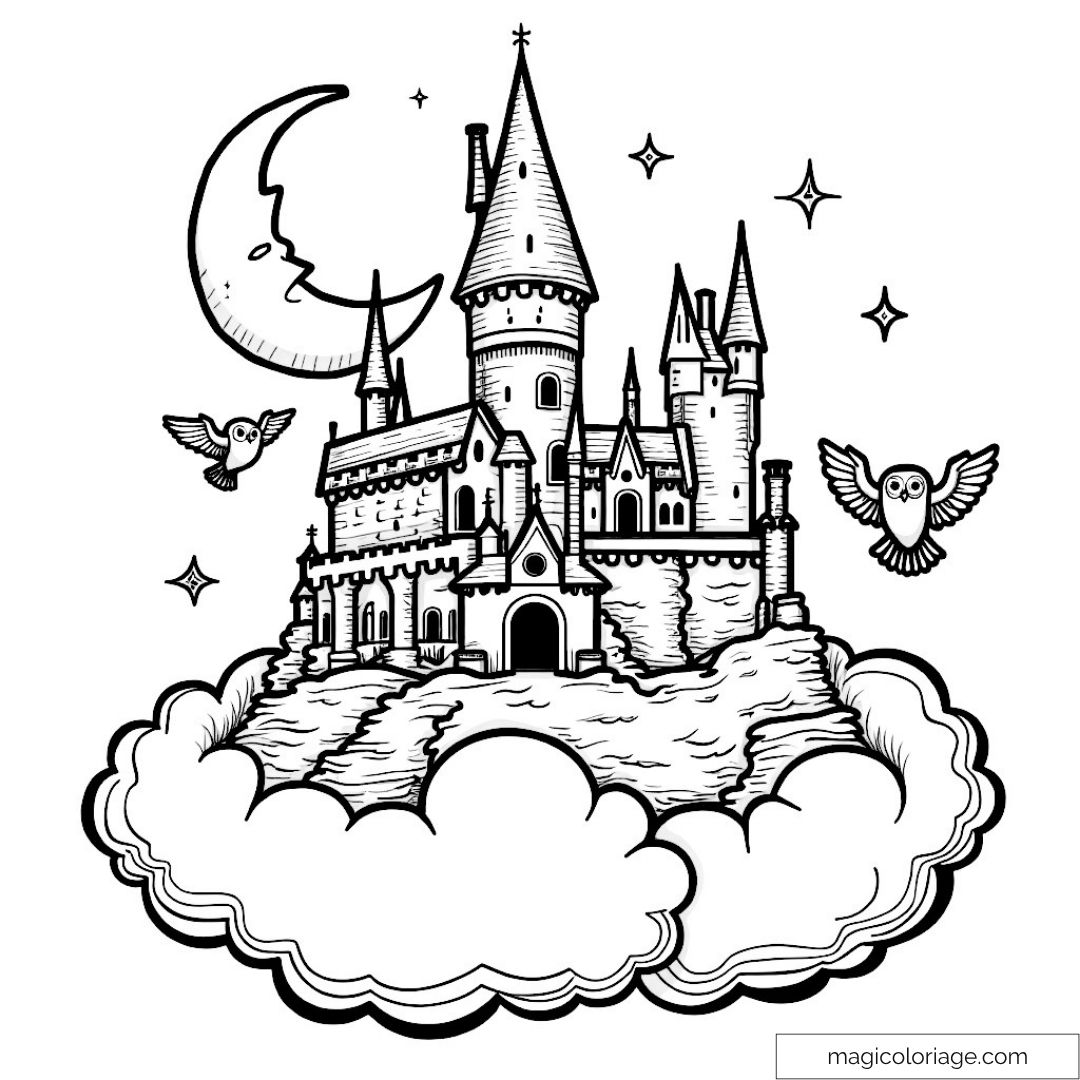 Dessin du château de Poudlard avec hiboux dans un ciel étoilé.