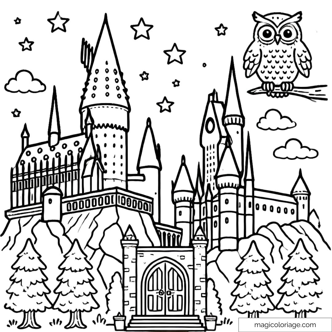 Coloriage simple du château de Poudlard avec un hibou et des étoiles dans le ciel.