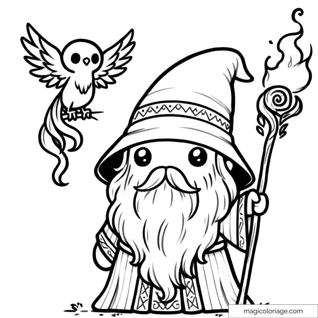 Dessin à colorier chibi d'Albus Dumbledore avec son bâton magique et Fumseck, son phénix, posé à ses côtés.