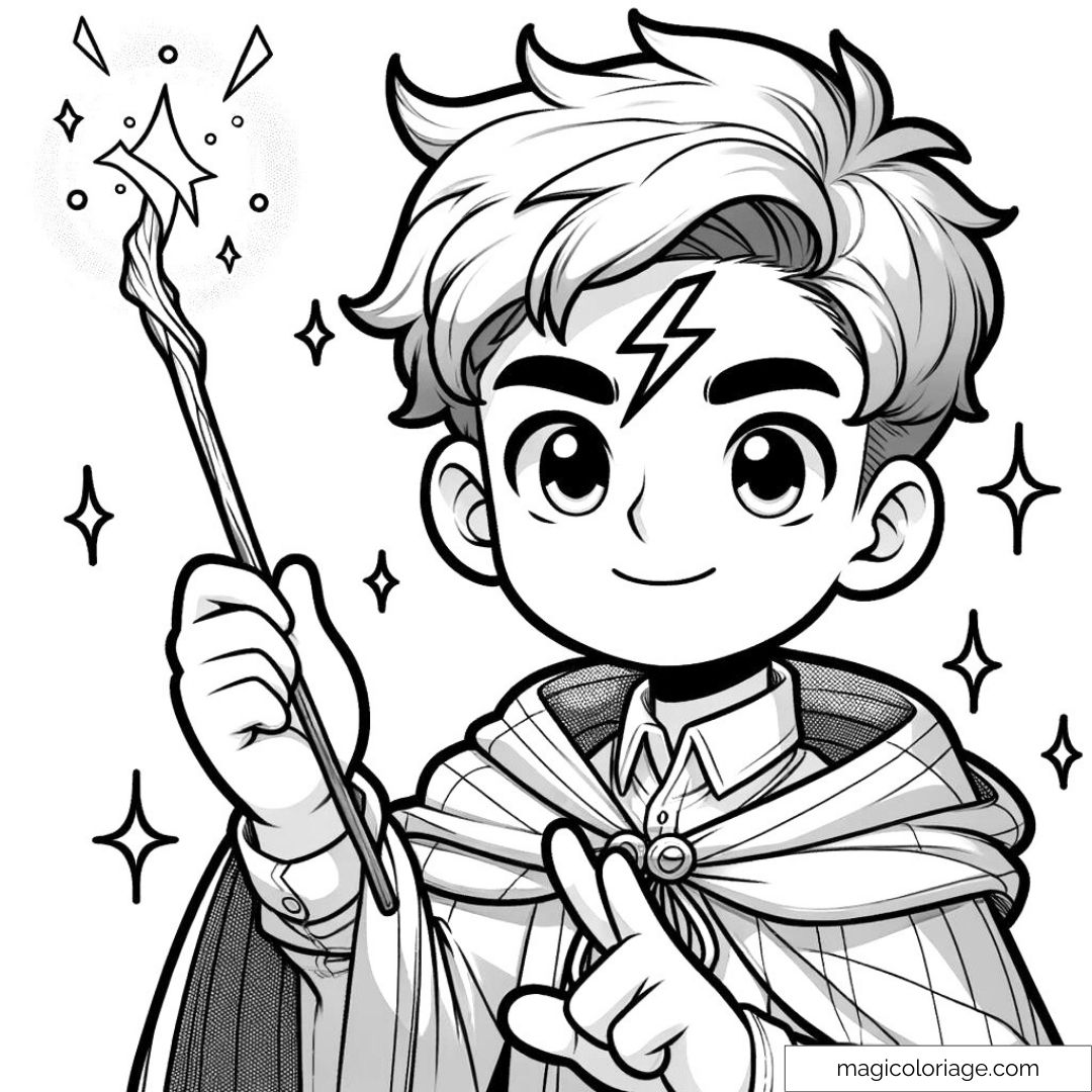 Dessin à colorier de Harry Potter en style chibi, avec sa baguette magique levée et une étincelle de magie scintillante.