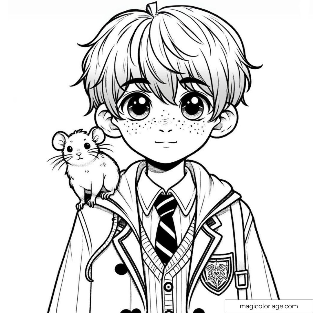 Dessin à colorier de Ron Weasley en version chibi, portant son uniforme de Poudlard avec son rat Croûtard posé sur son épaule.