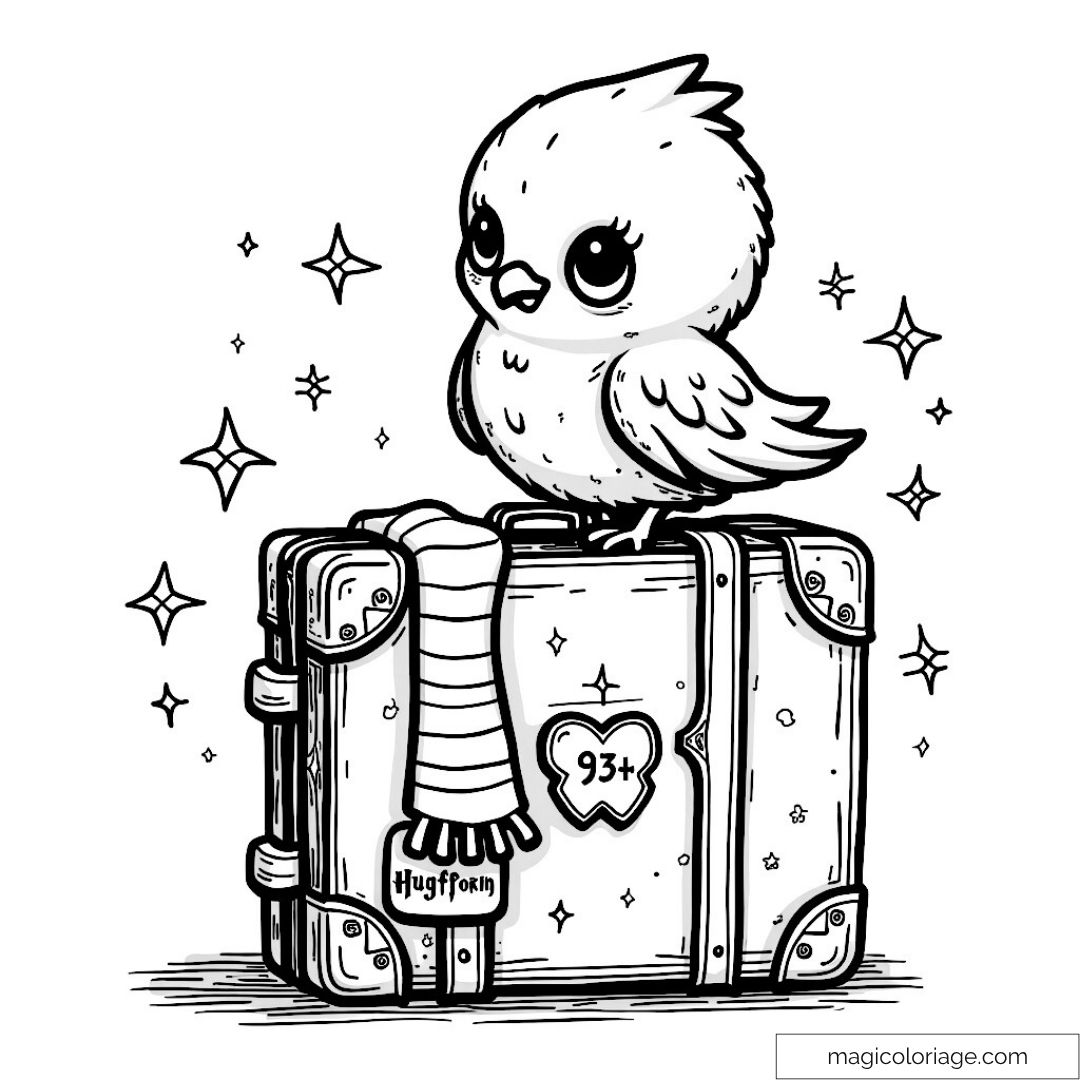 Chouette sur valise magique Harry Potter avec écharpe Poufsouffle