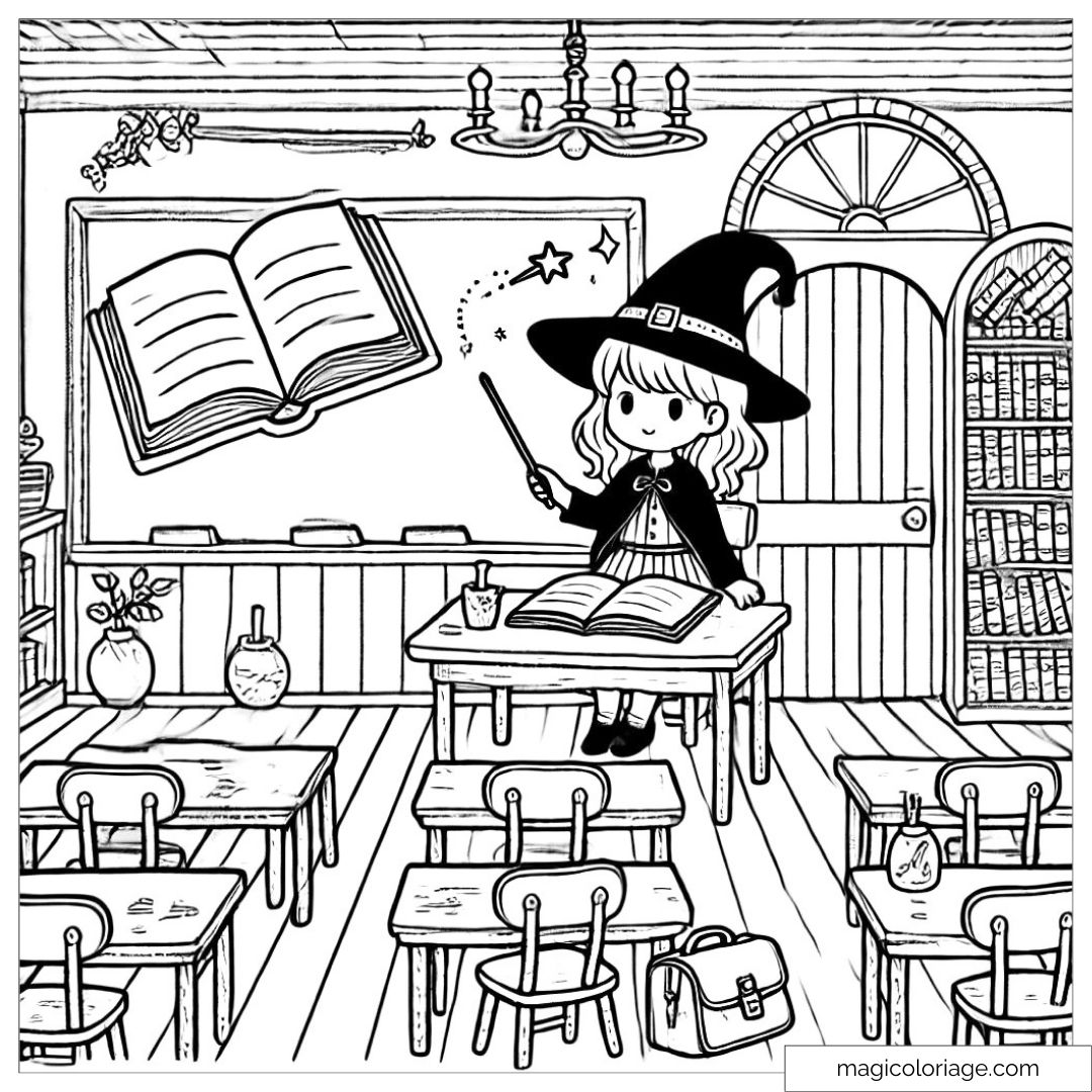 Coloriage facile d'une classe magique avec une sorcière tenant une baguette et un livre flottant.