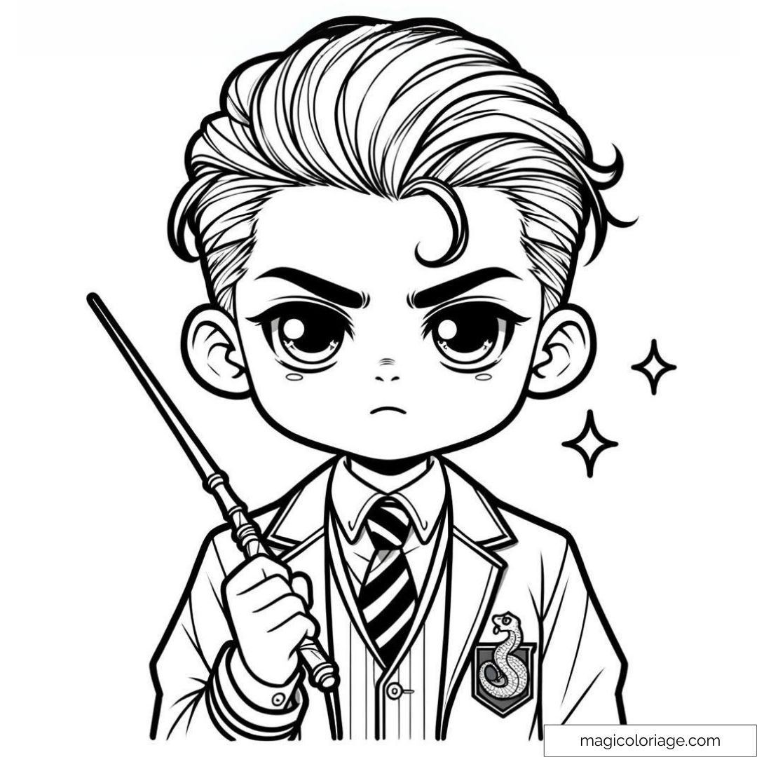 Dessin à colorier de Draco Malefoy, élève de Serpentard, avec sa baguette magique et une expression déterminée.