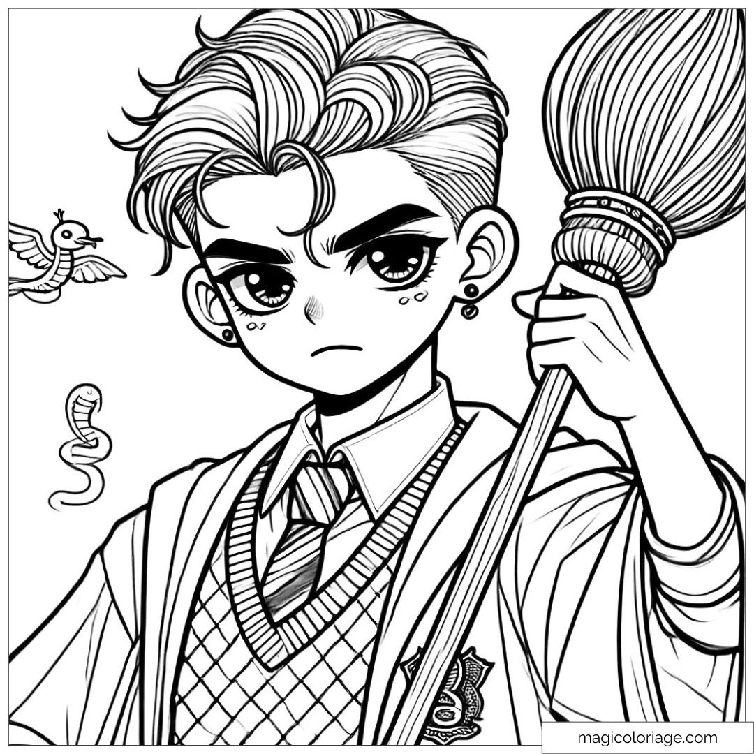 Dessin à colorier de Draco Malefoy, élève de Serpentard, avec son balai de Quidditch et un regard déterminé, prêt pour le match.