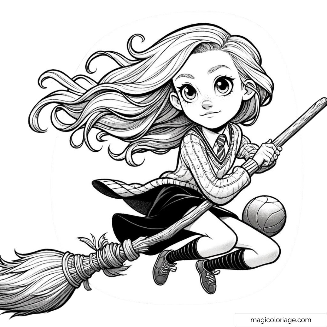 Dessin à colorier de Ginny Weasley volant sur un balai, tenant un Souafle en plein match de Quidditch.