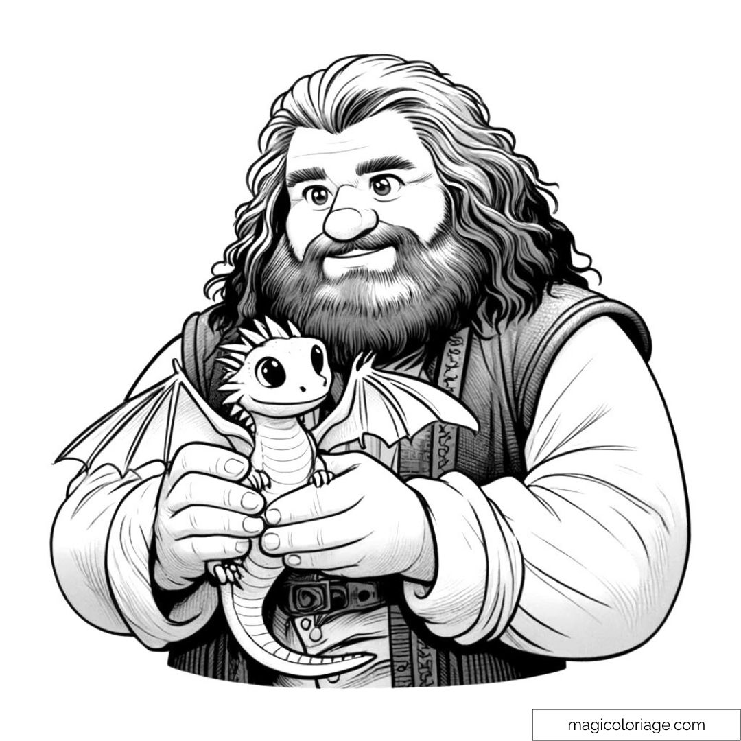 Dessin à colorier de Rubeus Hagrid tenant un bébé dragon Norbert dans ses mains, sourire chaleureux aux lèvres.