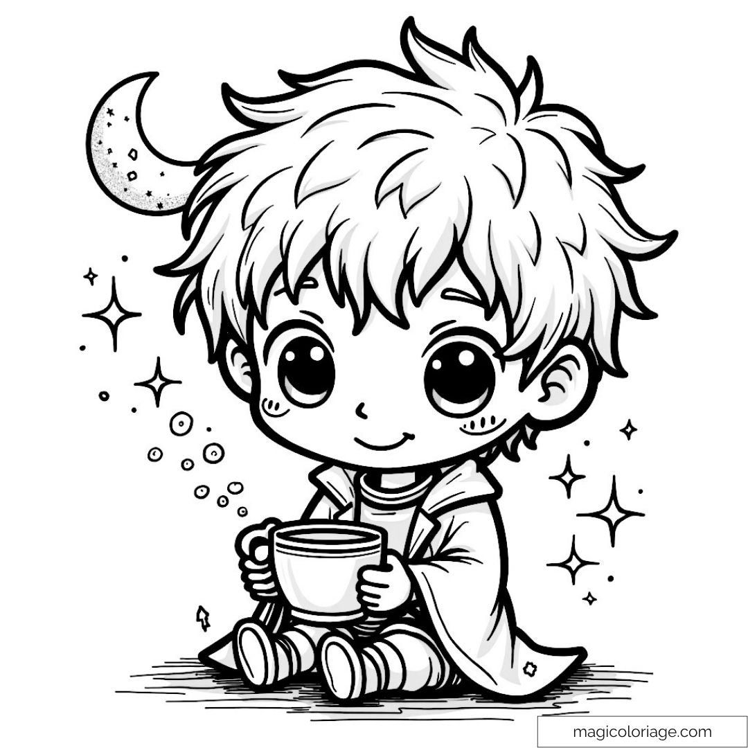 Adorable Harry Potter la nuit avec lune et étoiles à colorier