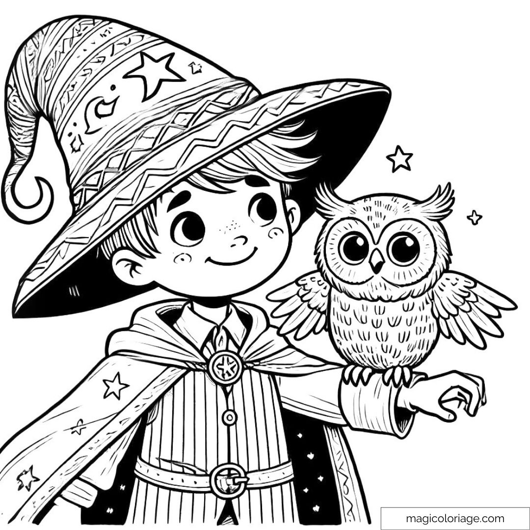 Dessin à colorier de Harry Potter, portant un grand chapeau de sorcier, avec Hedwige perchée sur son bras.