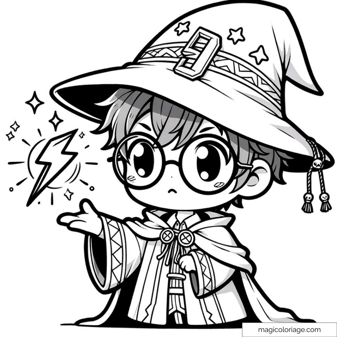 Dessin à colorier de Harry Potter en version chibi, avec un grand chapeau de sorcier et un éclair magique flottant devant lui.
