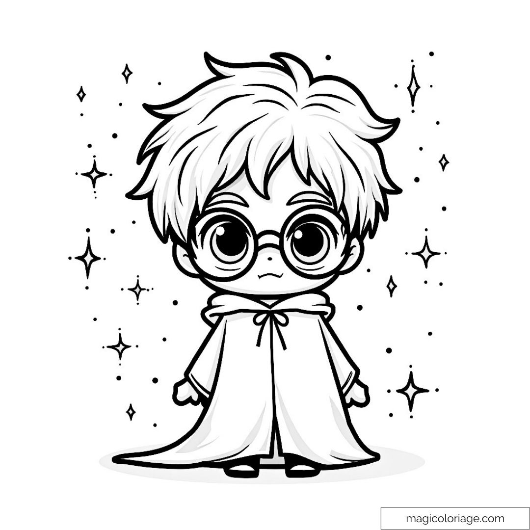 Dessin de Harry Potter chibi avec cape et étoiles magiques