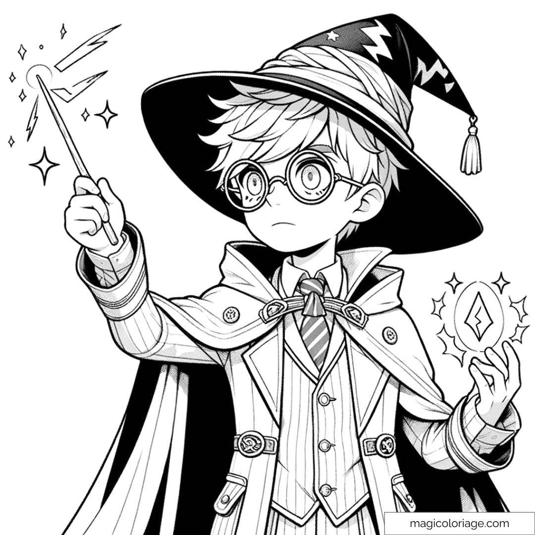 Dessin à colorier de Harry Potter en apprenti sorcier, portant un chapeau de magicien et lançant un sortilège avec sa baguette magique.
