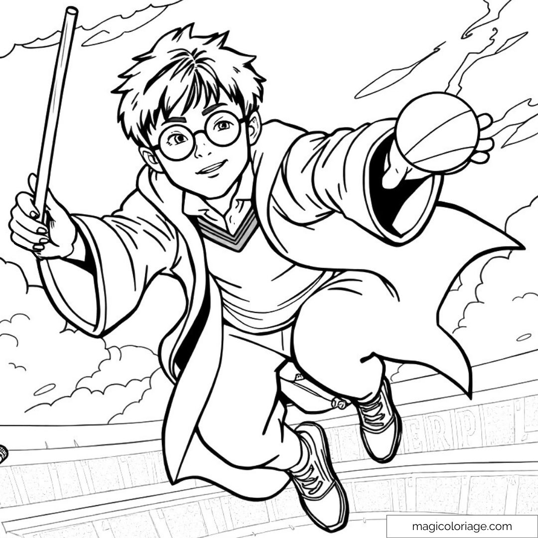 Dessin à colorier de Harry Potter en plein vol sur son balai pendant un match de Quidditch, avec le Vif d'Or dans sa main.
