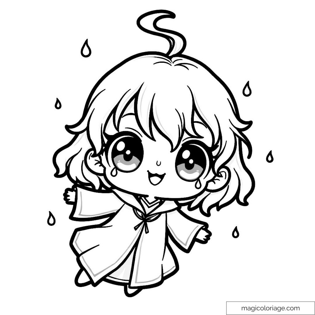 Dessin à colorier Harry Potter style chibi sous la pluie.
