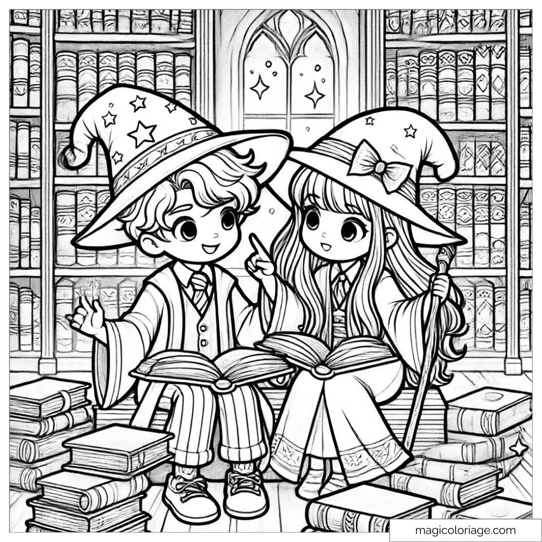 Dessin à colorier de Harry Potter et Hermione Granger, portant leurs chapeaux de sorcier, lisant des grimoires dans la bibliothèque de Poudlard.
