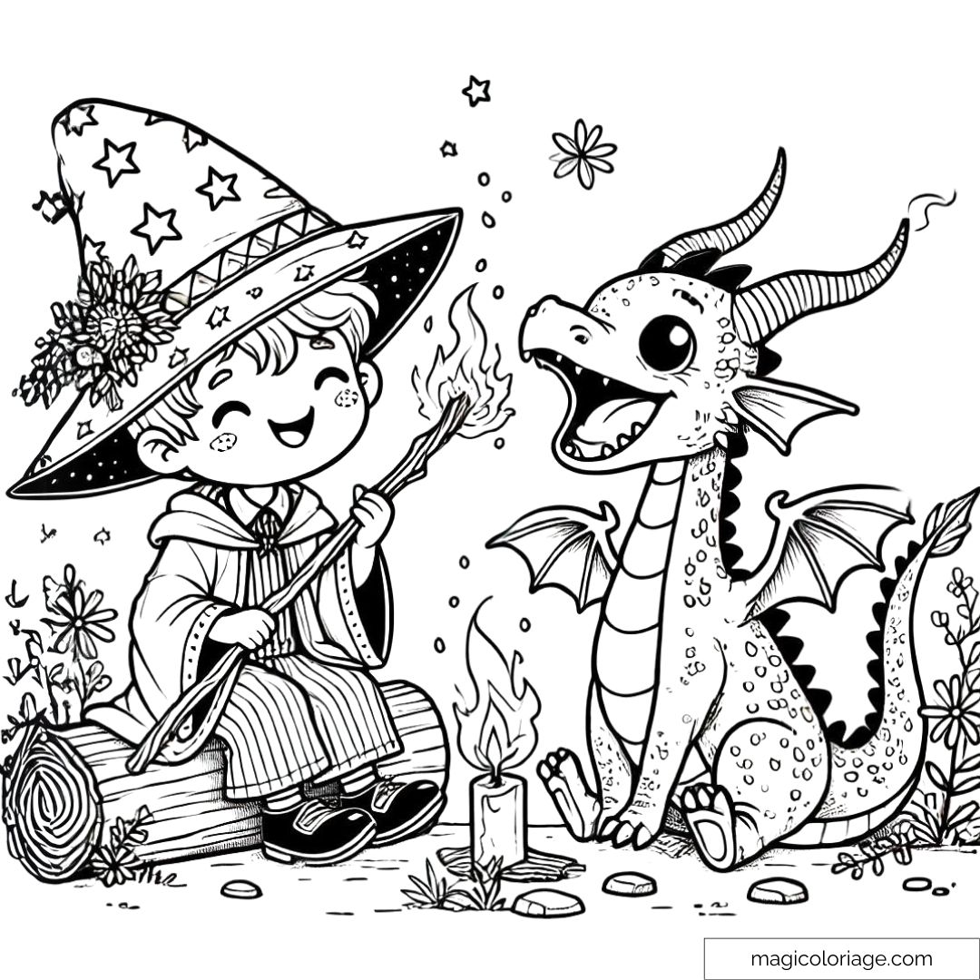 Dessin à colorier de Harry Potter, assis près d'un feu de camp, jouant avec Norbert, le bébé dragon, qui crache des flammes.
