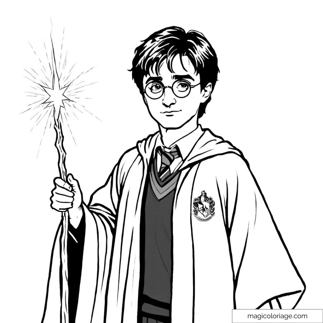 Dessin à colorier de Harry Potter tenant sa baguette magique, prêt à lancer un sortilège avec un éclat lumineux au bout de la baguette.