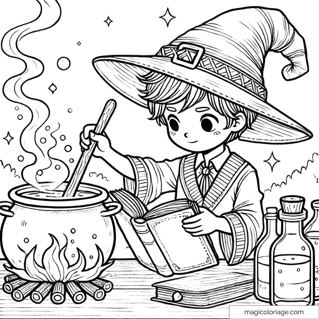 Dessin à colorier de Harry Potter, portant un grand chapeau de sorcier, lisant un grimoire tout en préparant une potion dans un chaudron.