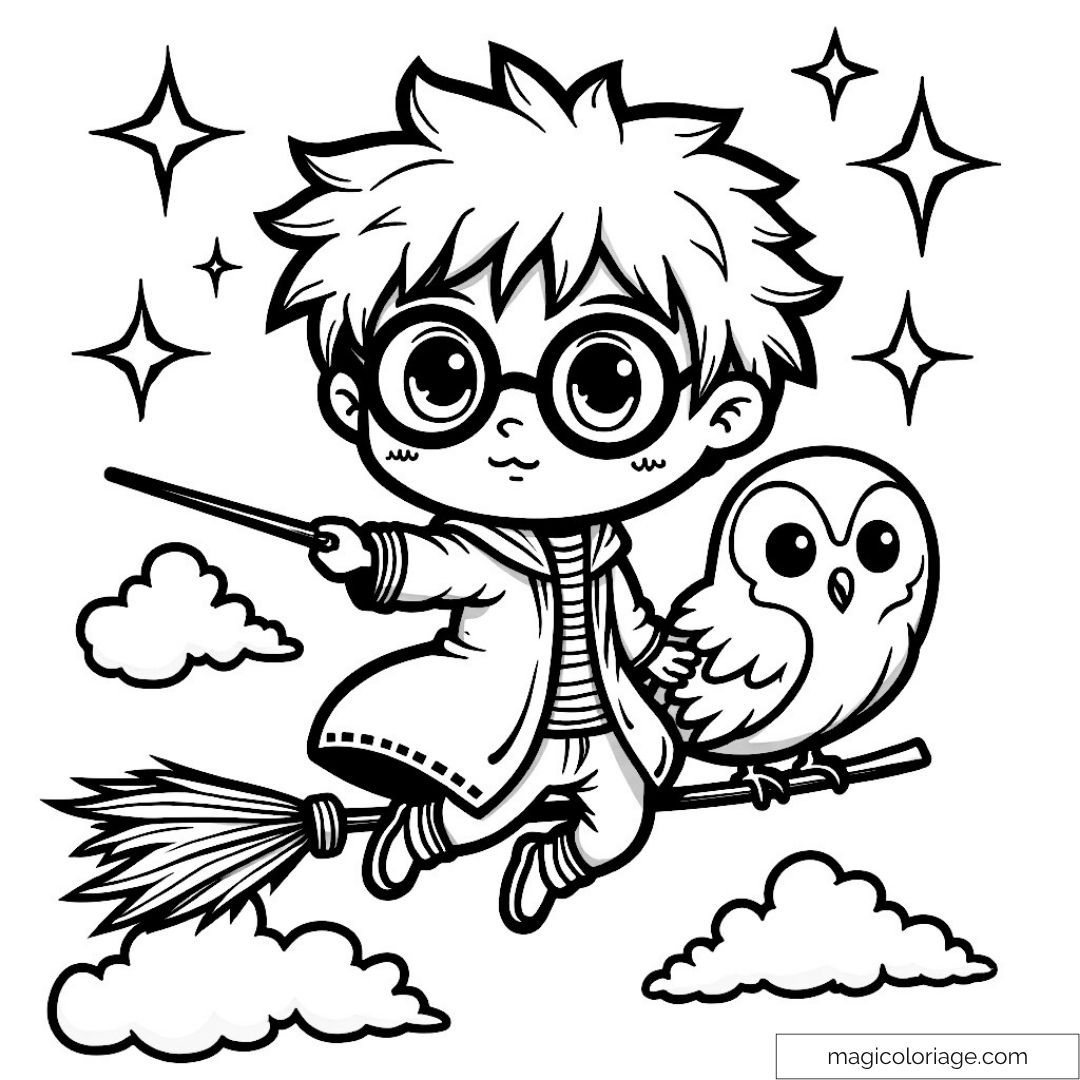 Dessin chibi d'Harry Potter volant sur un balai avec hibou et étoiles