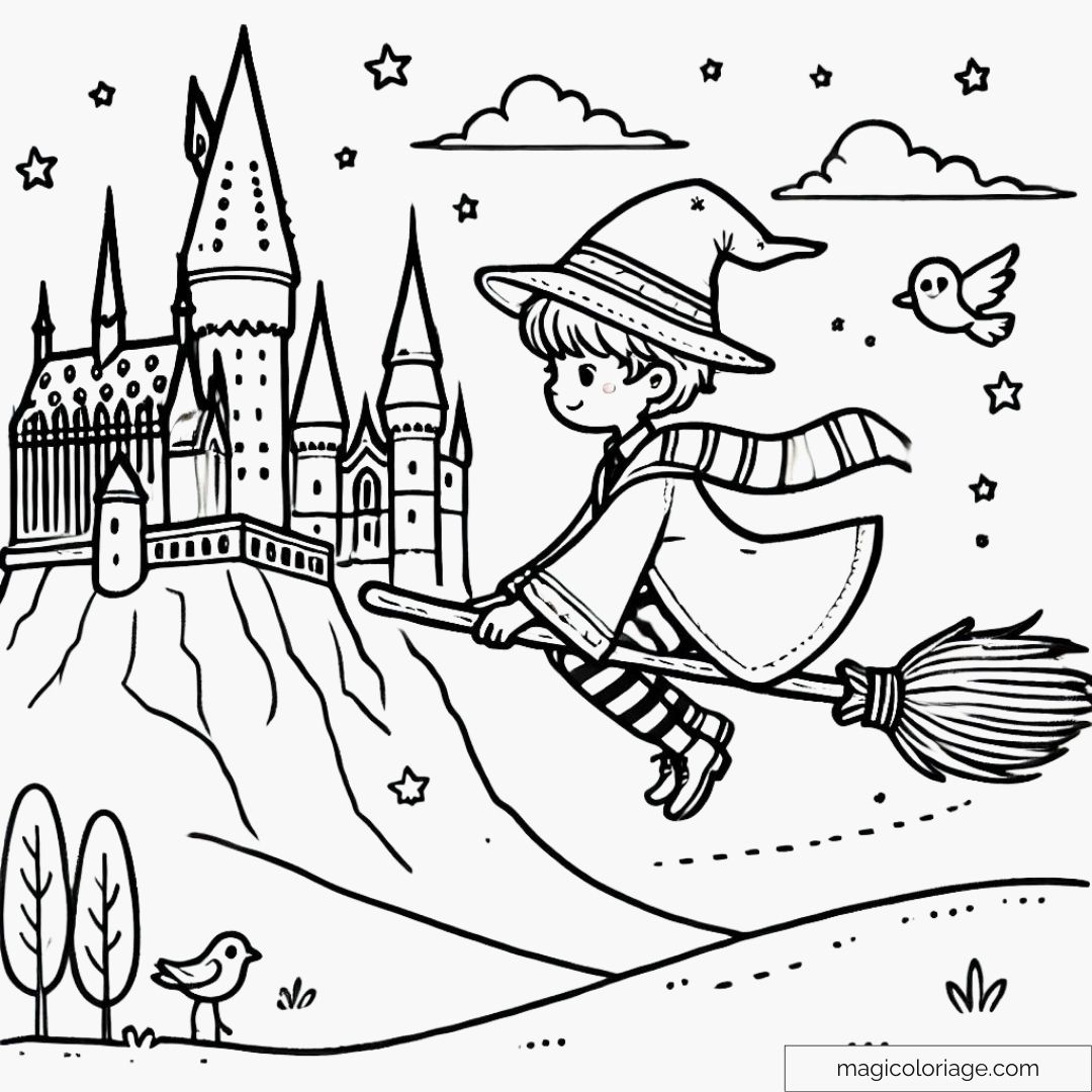 Coloriage d’Harry Potter volant sur son balai avec des étoiles autour et Poudlard en arrière-plan.