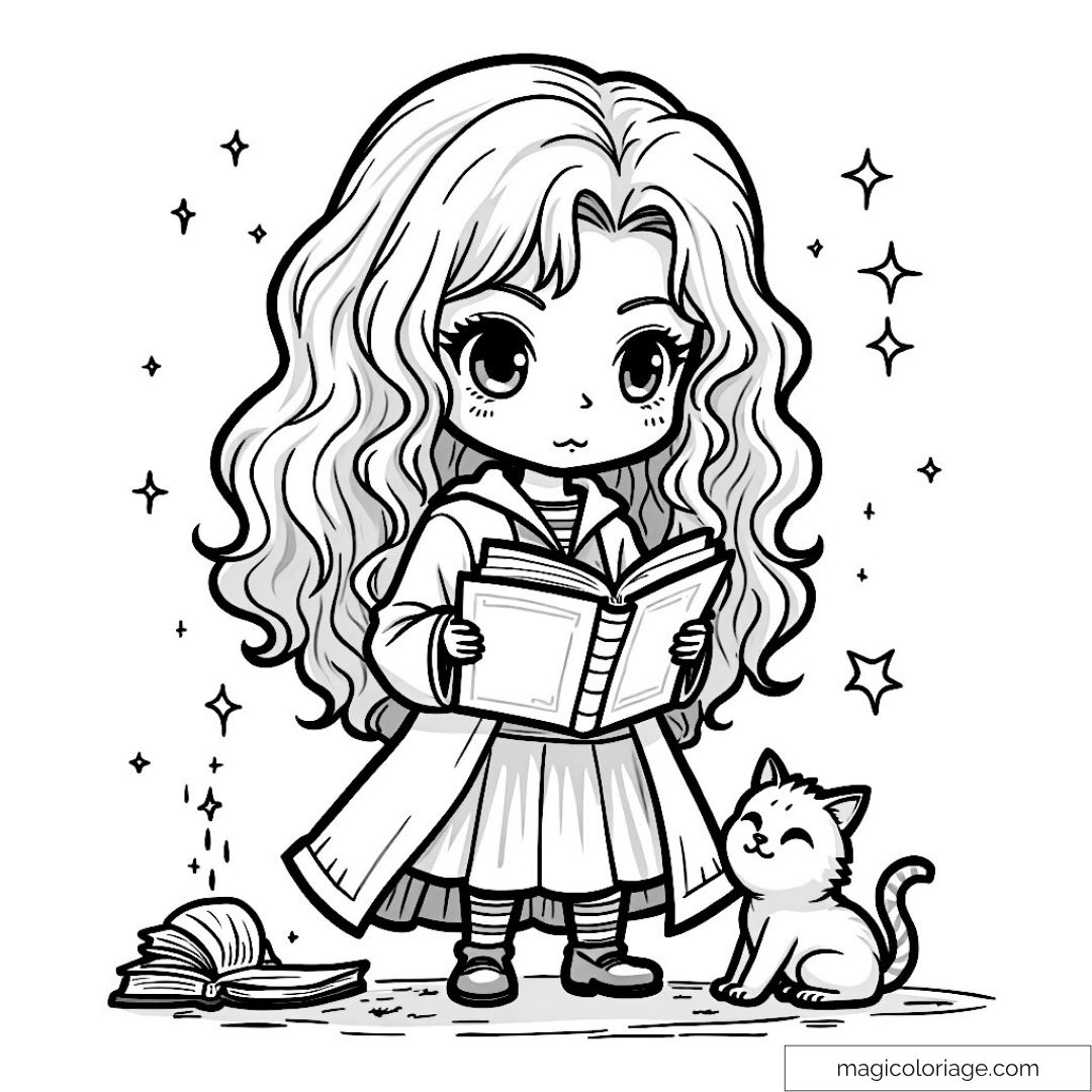 Dessin de Hermione en style chibi avec son livre et un chat