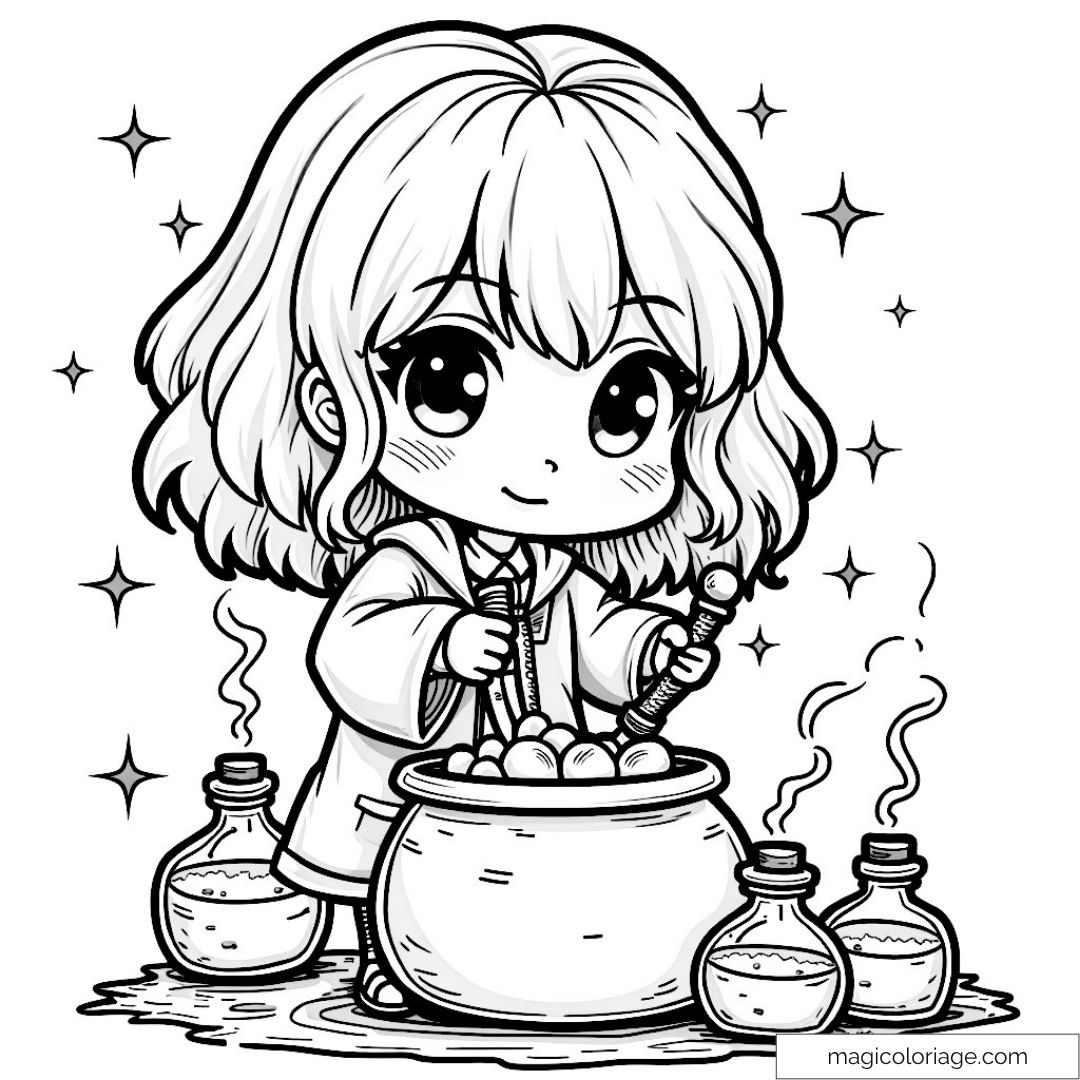 Dessin de Hermione Granger préparant une potion magique avec chaudron et fioles