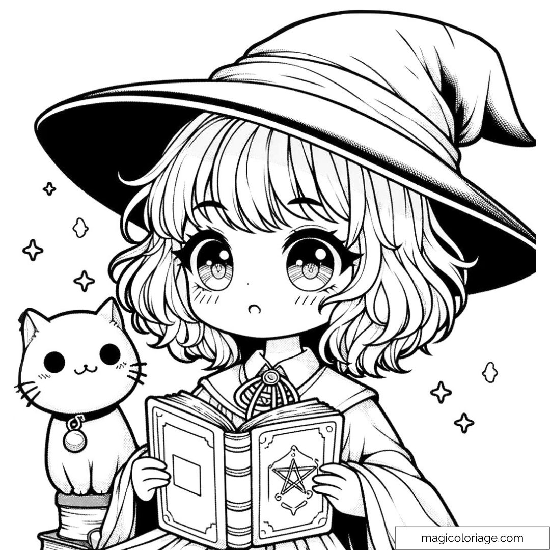 Dessin à colorier de Hermione Granger en version chibi, lisant un grimoire magique avec son chat Croûtard à ses côtés.