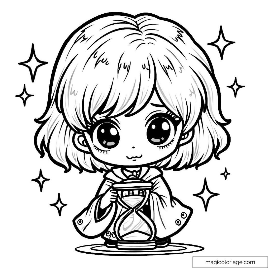 Hermione Granger en version chibi tenant un sablier magique