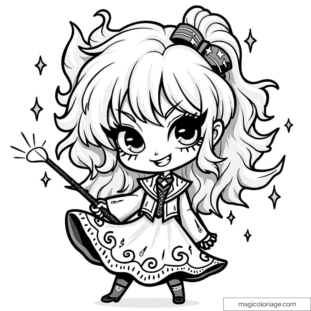 Hermione Granger chibi avec baguette magique et robe étoilée