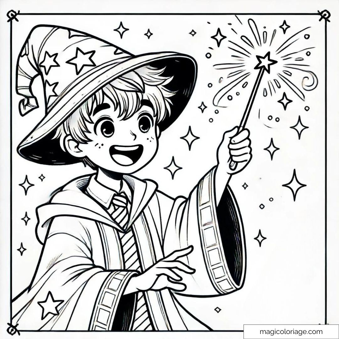Dessin à colorier d'un jeune sorcier tenant une baguette magique, créant des étincelles magiques avec un grand sourire sur le visage.