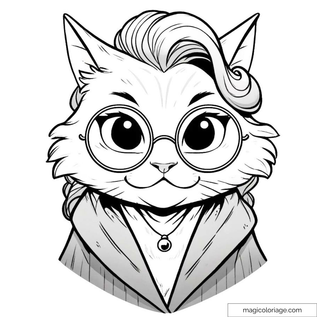 Dessin à colorier de Minerva McGonagall transformée en chat, portant ses lunettes rondes et son habit de sorcière.