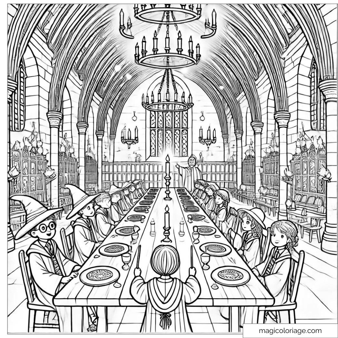 Coloriage de la Grande Salle avec des bougies flottantes et une grande table pleine de plats.