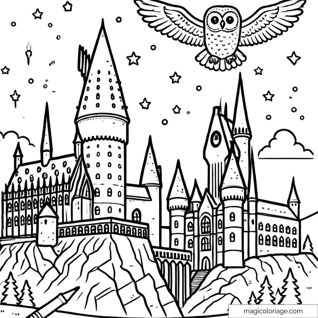 Coloriage facile du château de Poudlard avec un hibou et des étoiles dans le ciel.