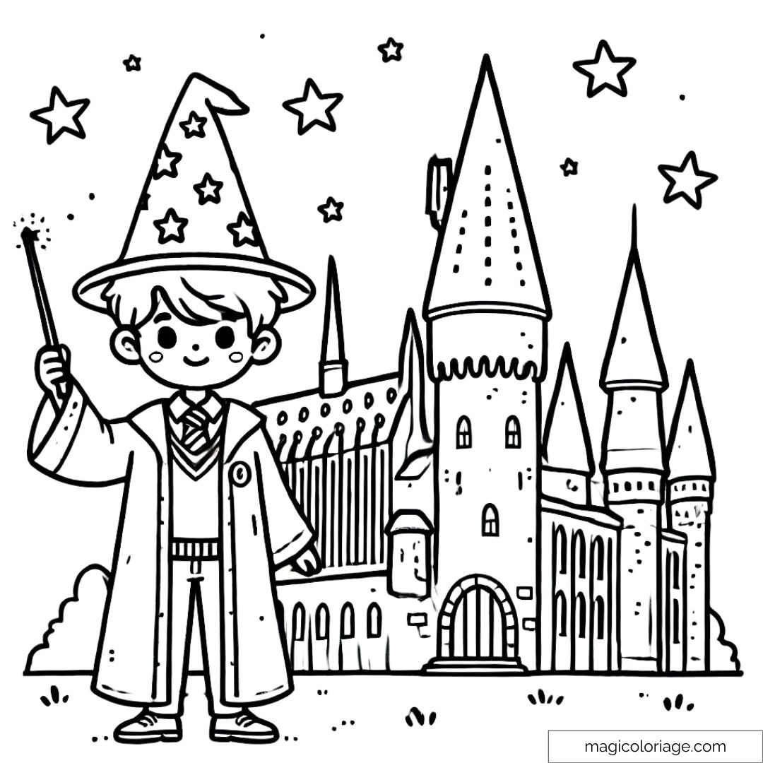 Coloriage simplifié d'un jeune sorcier avec une baguette devant un château magique.