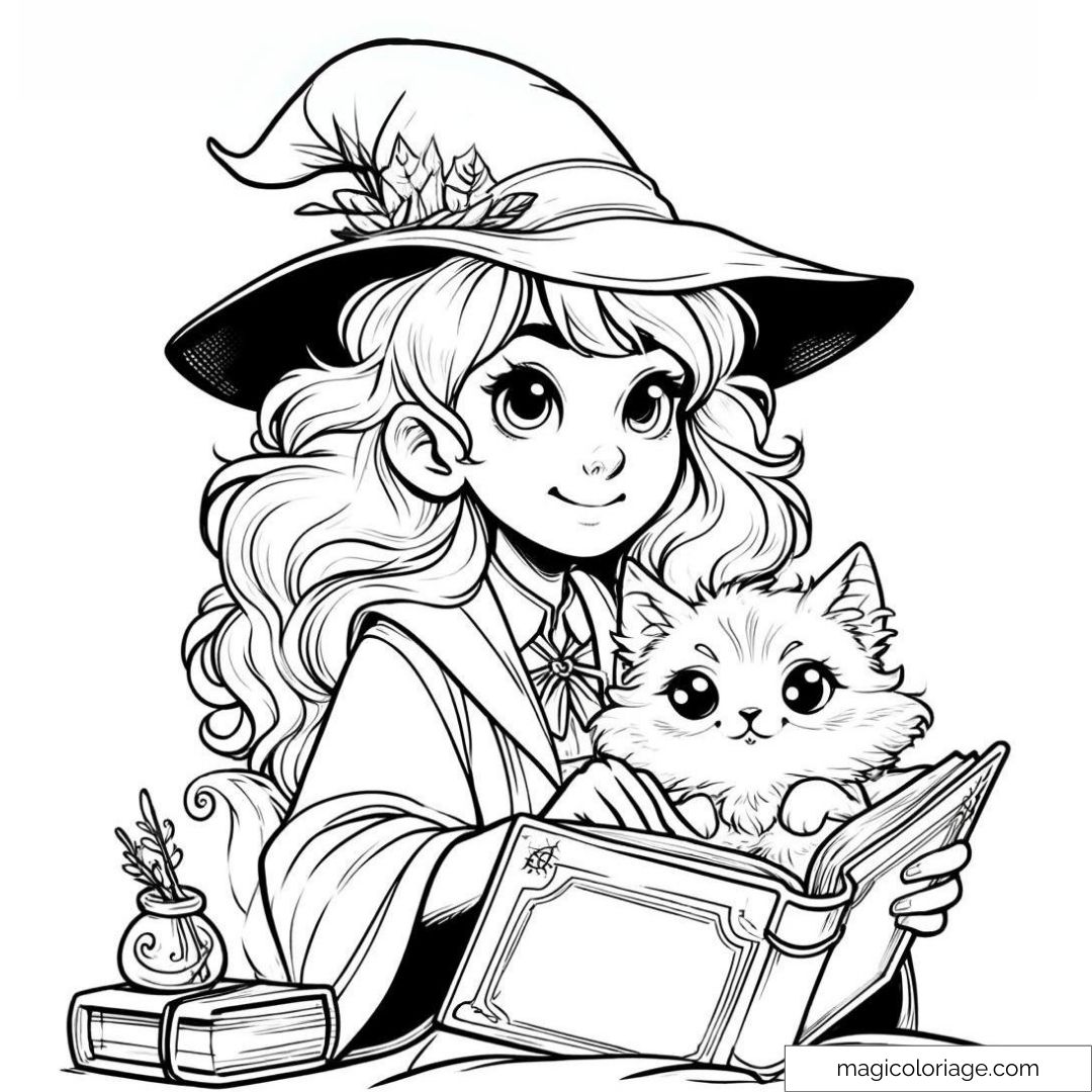 Dessin à colorier d'une jeune sorcière avec un chapeau pointu et un chat mignon, lisant un livre de sorts magique.