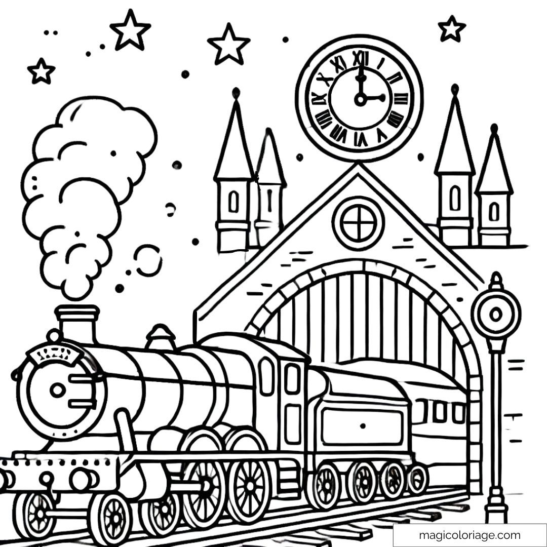Coloriage simplifié du Poudlard Express avec de la fumée et des étoiles magiques.