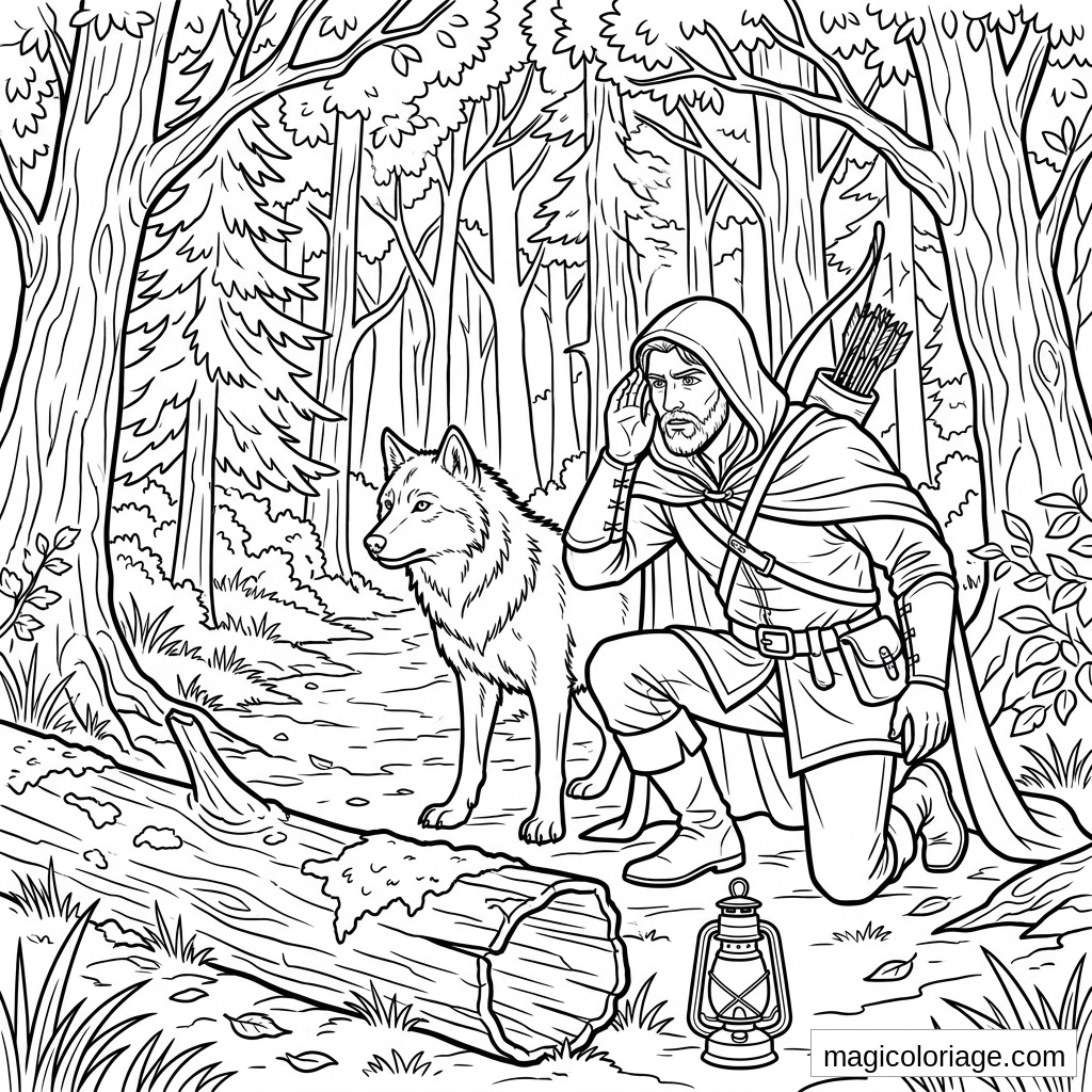Coloriage heroic fantasy avec archer rôdeur, loup, lanterne et forêt dense à imprimer