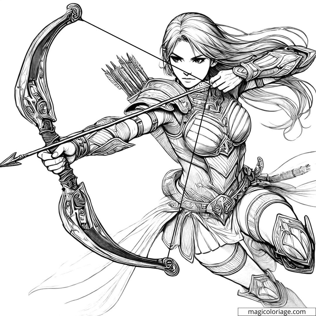 Coloriage à imprimer d'une archère en armure, tirant une flèche avec précision, style réaliste.