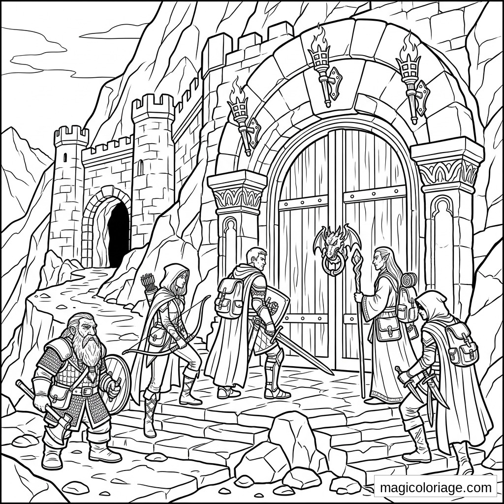 Coloriage heroic fantasy avec aventuriers devant une porte de forteresse dans la montagne