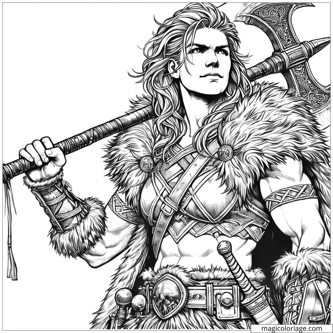 Coloriage à imprimer d'une barbare en armure, tenant une hache imposante, style réaliste.