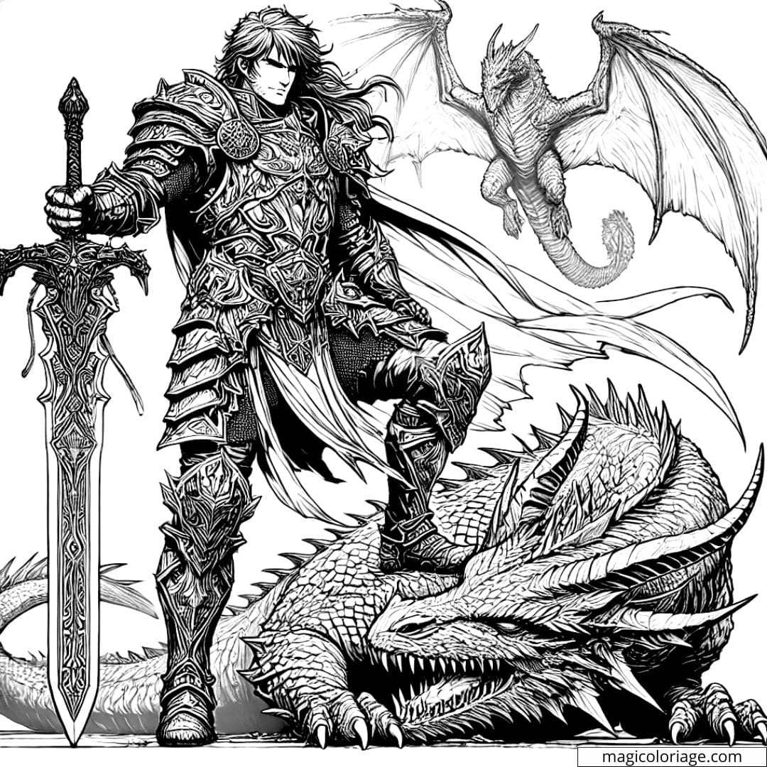 Coloriage à imprimer d'un chasseur de dragon, en posture victorieuse, style épique et réaliste.
