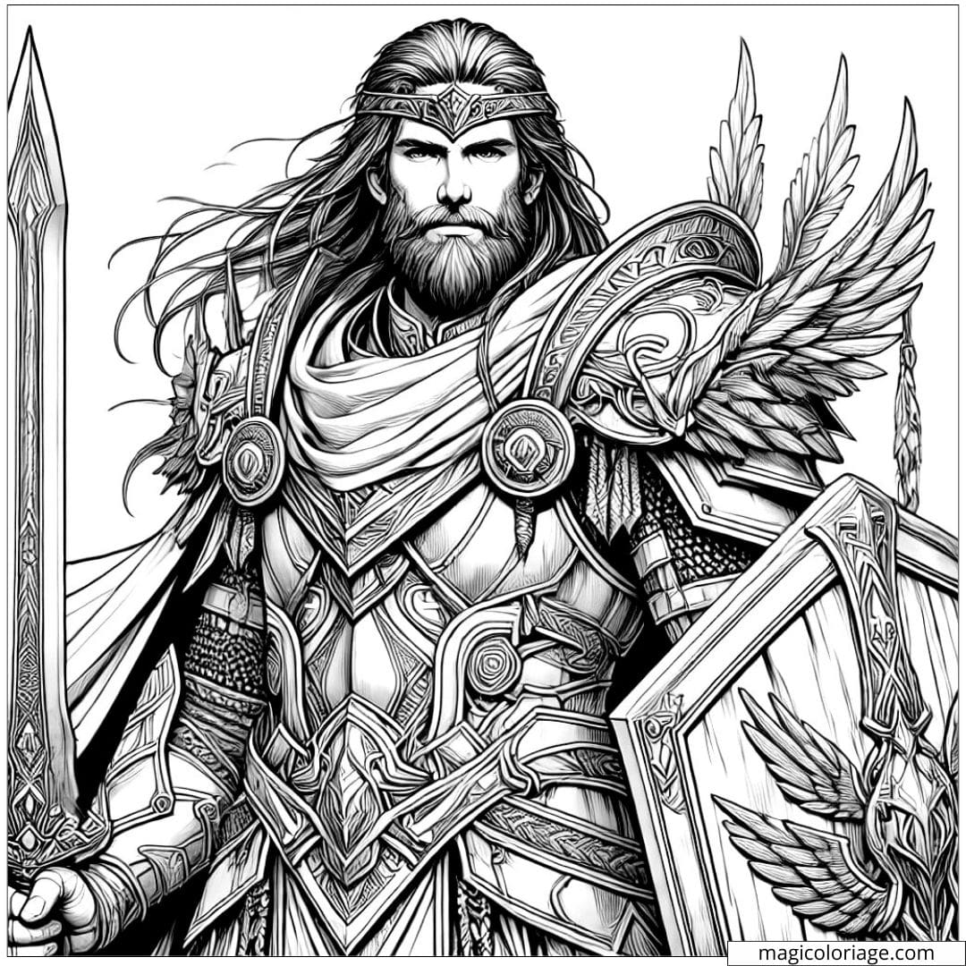 Coloriage à imprimer d'un chevalier en armure, tenant un bouclier et une épée, style réaliste.