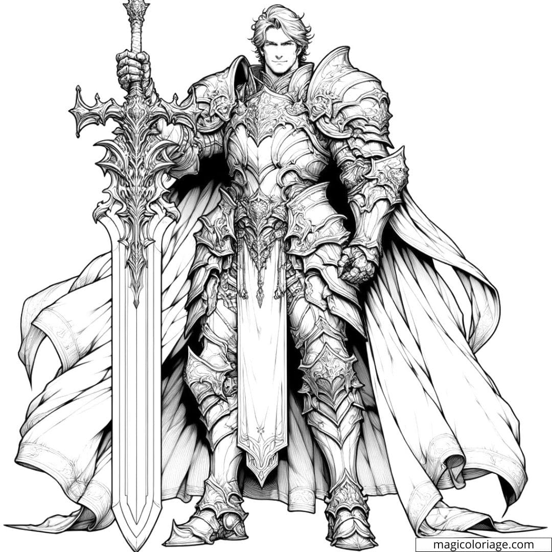 Coloriage à imprimer d'un chevalier en armure, tenant une épée, en style réaliste.